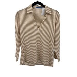 J.McLaughlin Aida Knit Top Women S Tan White New Striped Linen Blend V-Neck